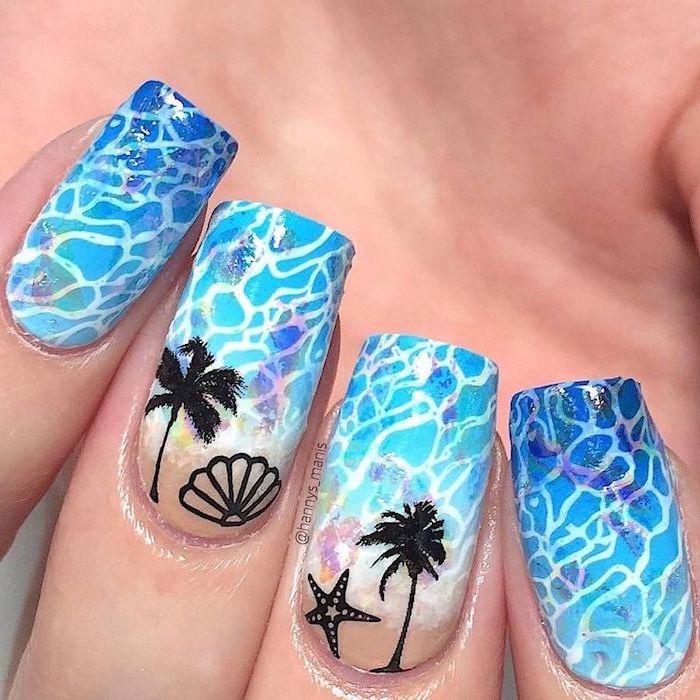 blue and white nail polish, nail design ideas, palm trees decorations, medium length square nails