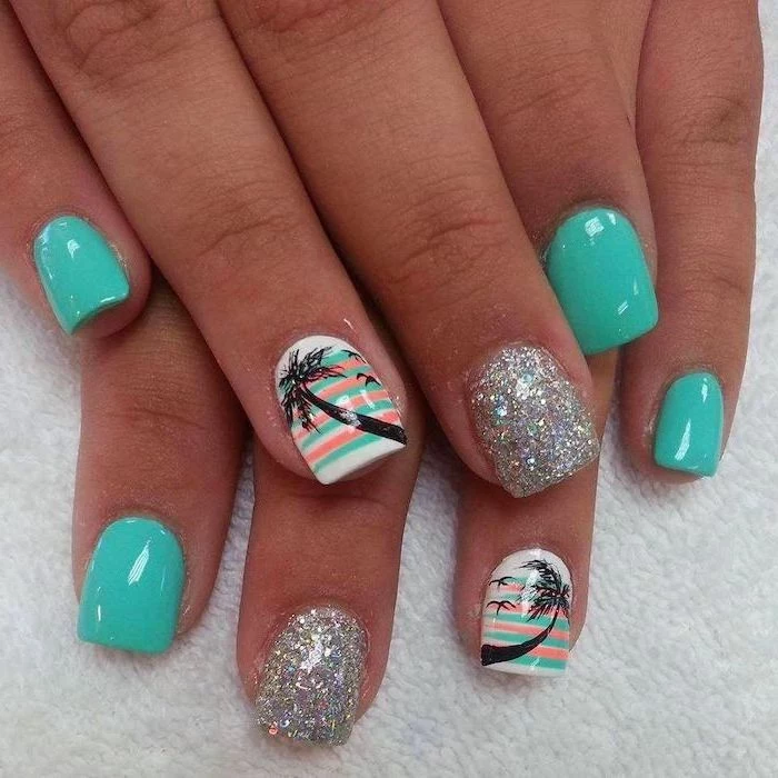 turquoise and white nail polish, nail design ideas, silver glitter nail polish, palm trees decorations, short square nails