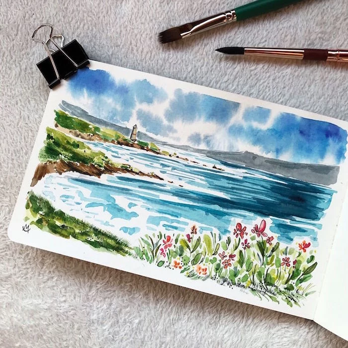 ocean landscape, waves crashing into beach, simple watercolor paintings, lighthouse in the distance