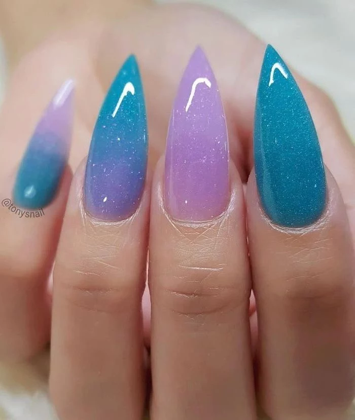 long stiletto nails, mermaid nails, pink and blue glitter nail polish, summer acrylic nails