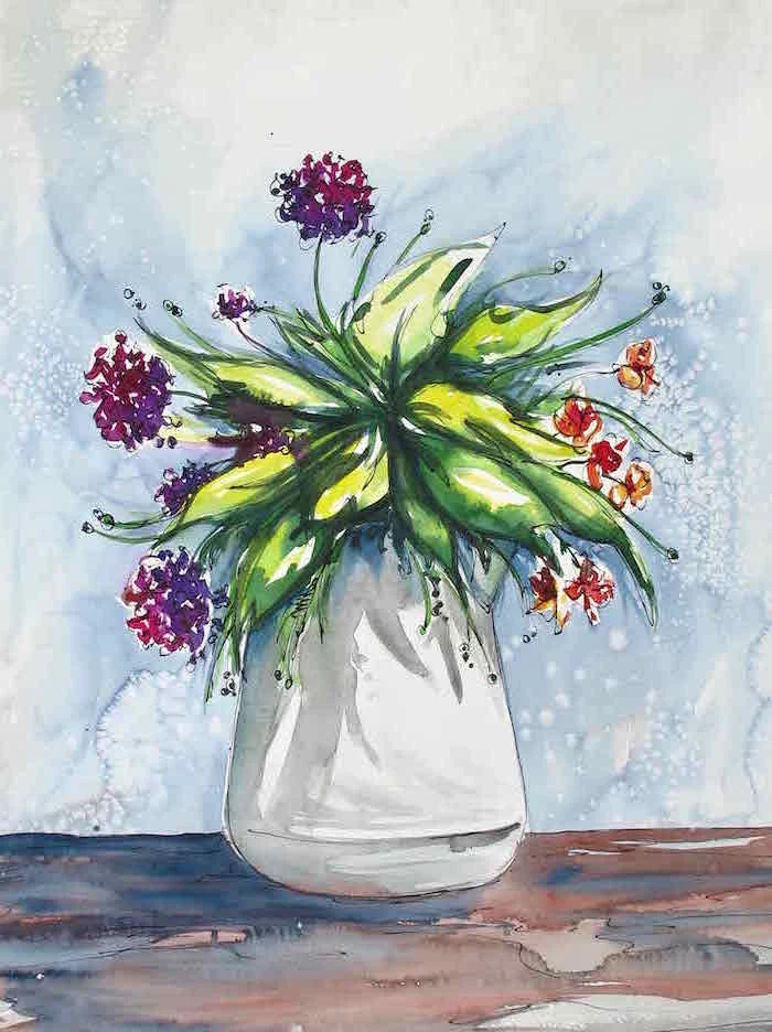 bouquet of purple and orange flowers, placed inside white vase, watercolor ideas, blue watercolor background
