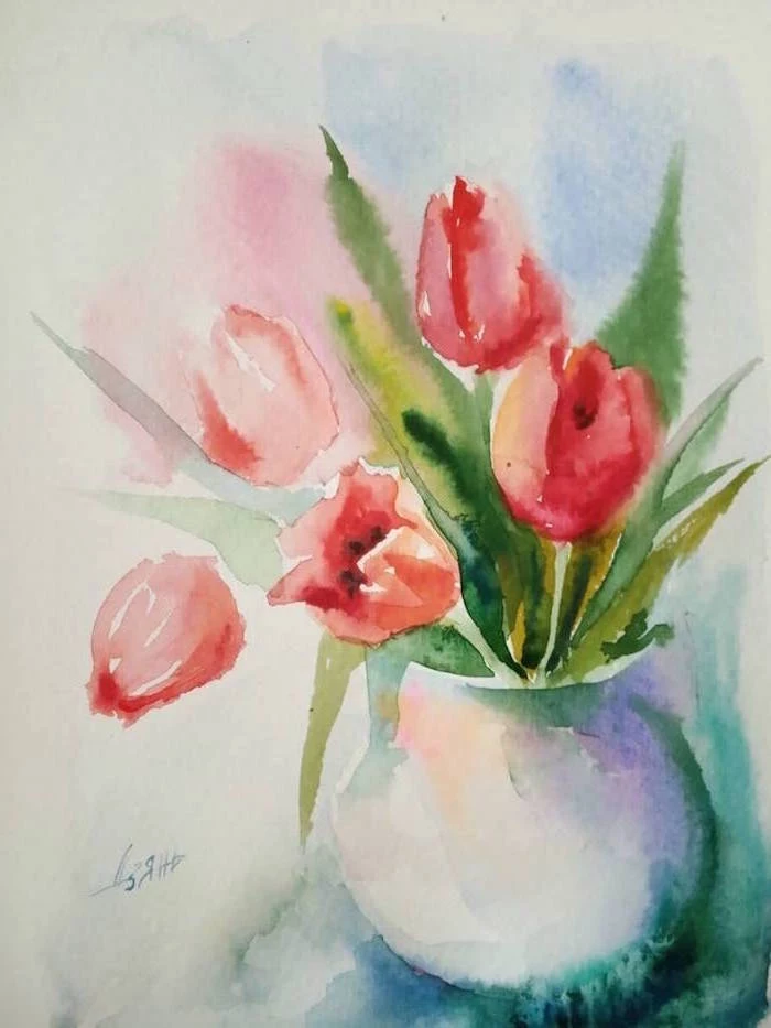 bouquet of red tulips, placed inside white vase, simple watercolor paintings, colorful watercolor background