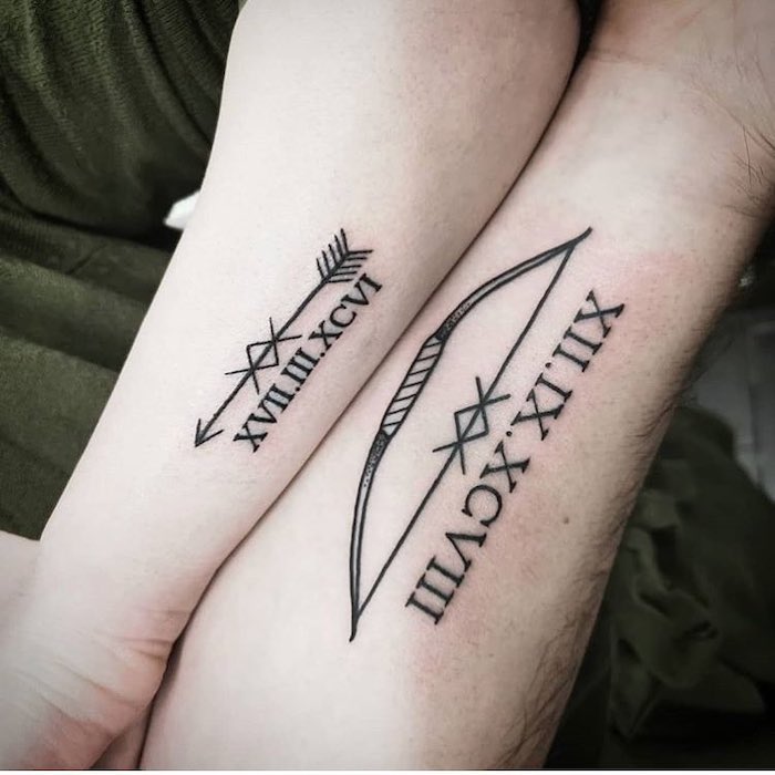 bow and arrow with roman numerals written underneath matching forearm tattoos brother and sister matching tattoos