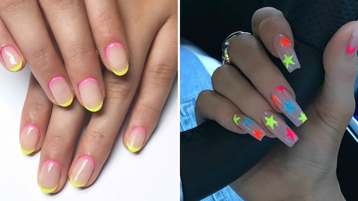 side by side photos, cute nail designs, neon nail polish, stars in neon colors decorations, french tip nails