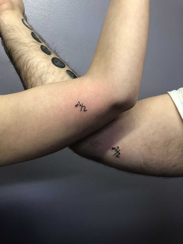 brother and sister matching tattoos no one of two and numer two of two inside arm small tattoos
