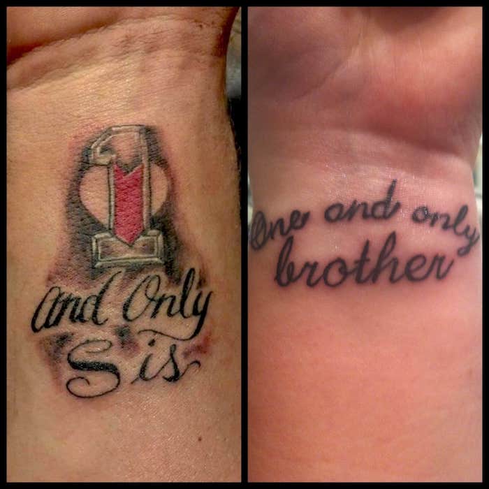 brother and sister tattoo ideas side by side photos of matching wrist tattoos saying one and only brother sis