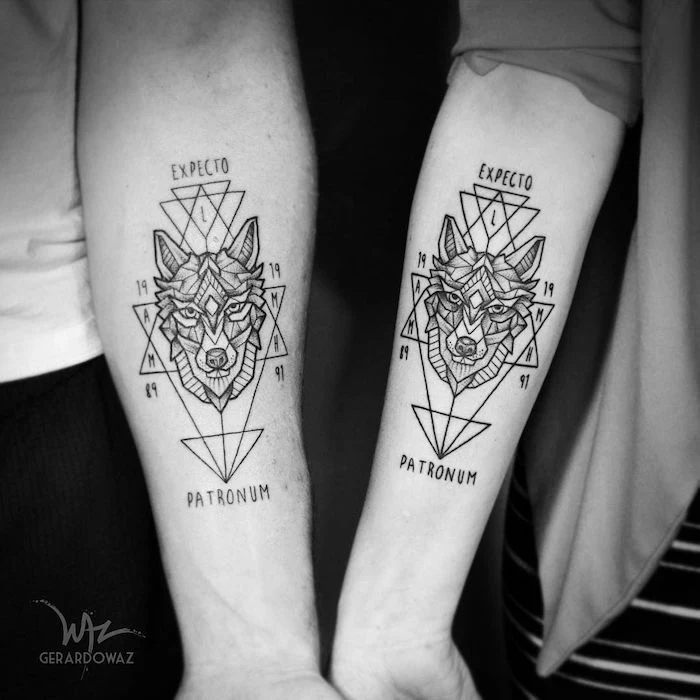 brother and sister tattoos matching geometric wolf tattoos expecto patronum written around them forearm tattoos