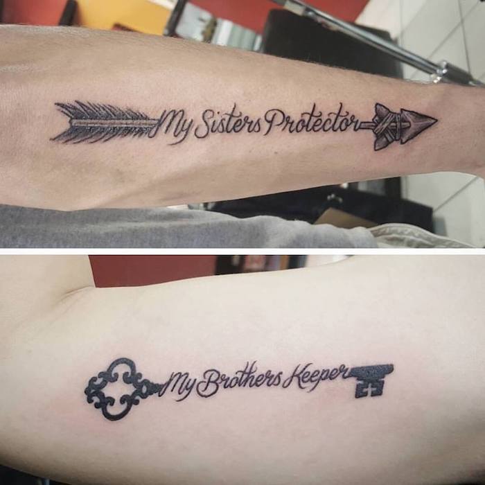 brother sister tattoo ideas inside arm and forearm tattoos with arrow and key side by side photos