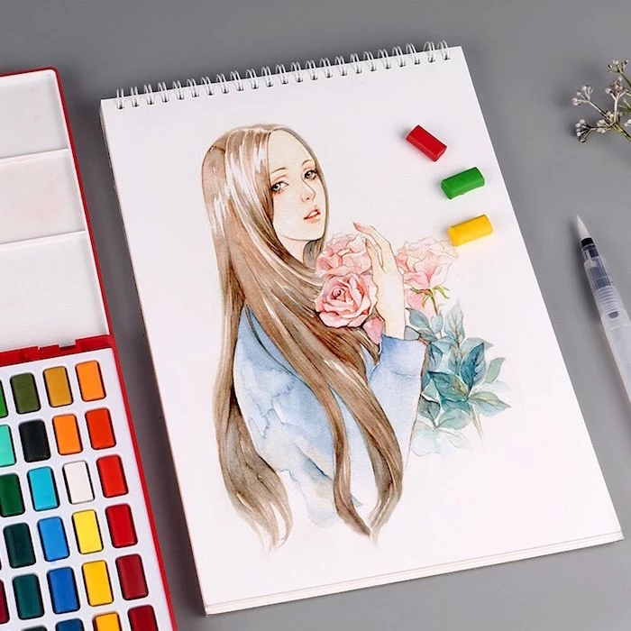 girl with long brown hair, holding a bouquet of three roses, watercolor ideas, wearing blue shirt, painted on white background