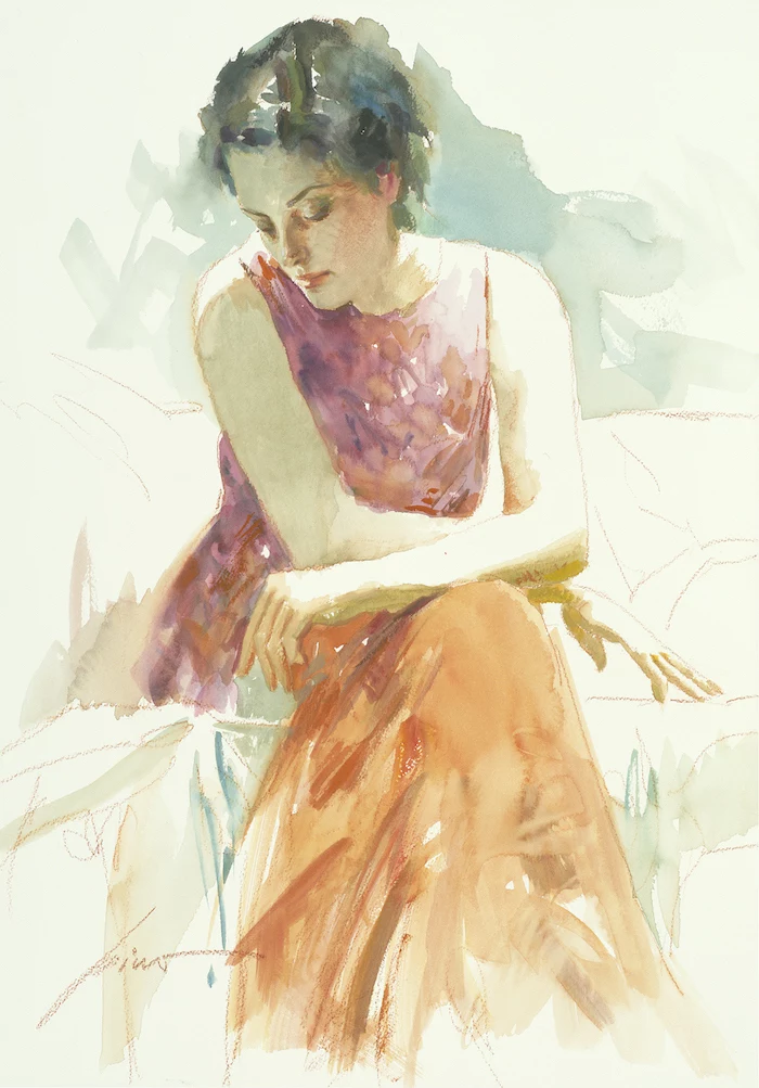 woman with short black hair, wearing long orange and purple dress, watercolor ideas, light watercolor background
