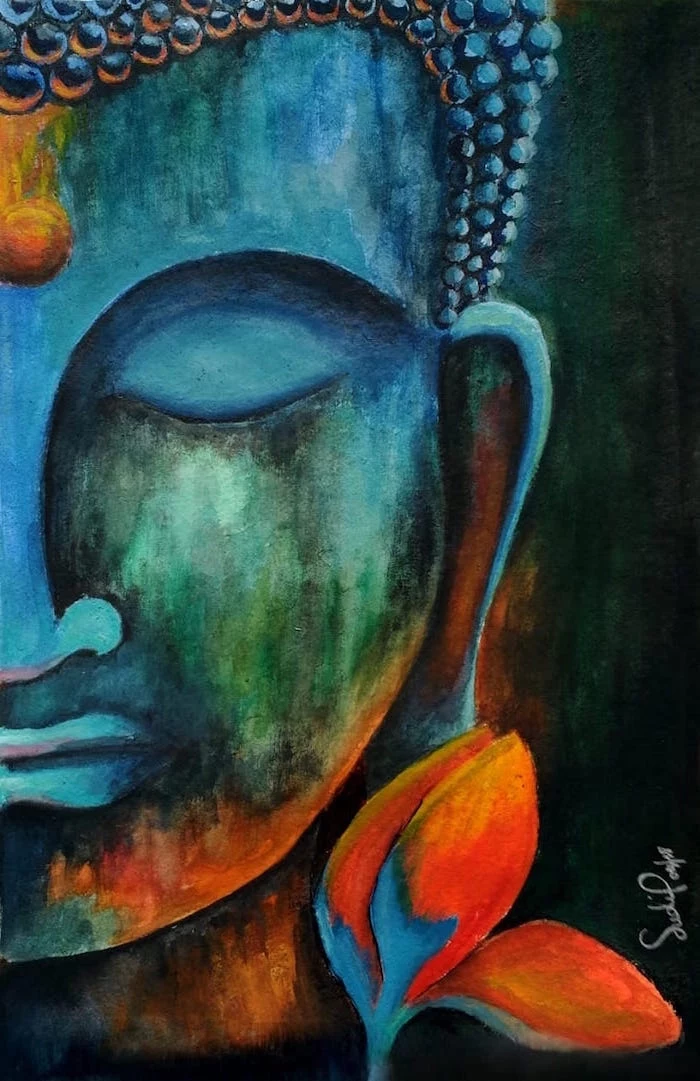 half of buddha's face, simple watercolor paintings, orange flower on the side, dark colors used