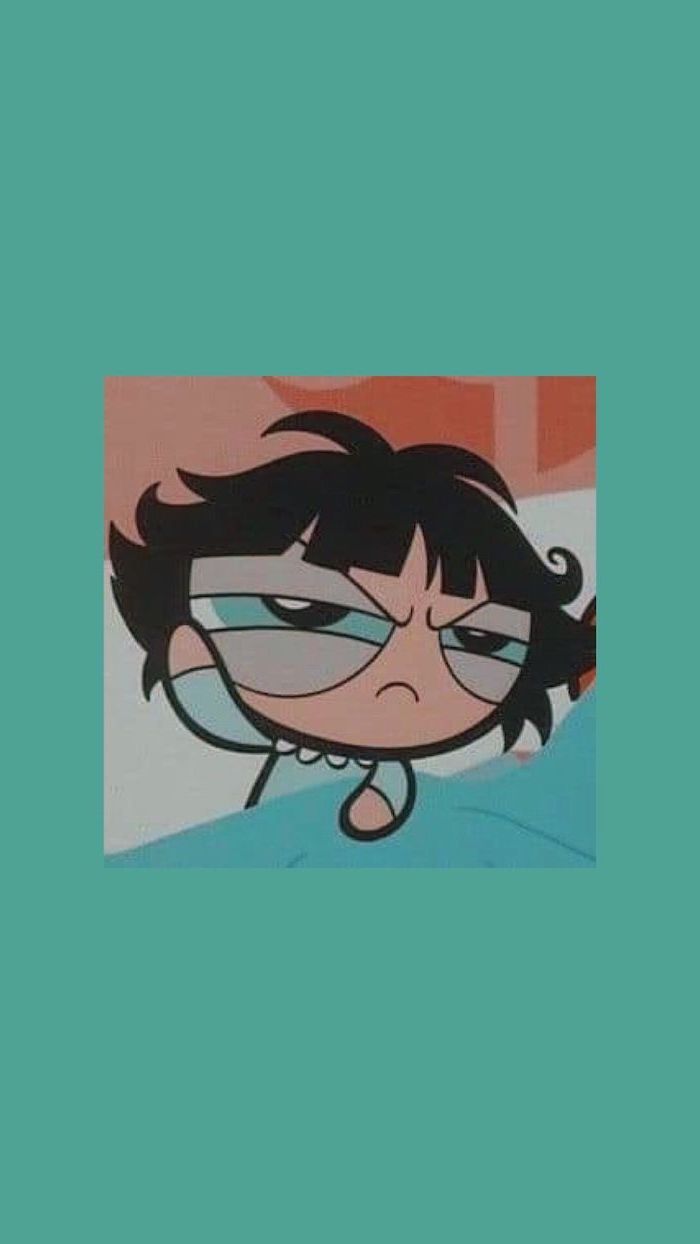 buttercup from powerpuff girls waking up looking angry funny phone wallpapers turquoise background