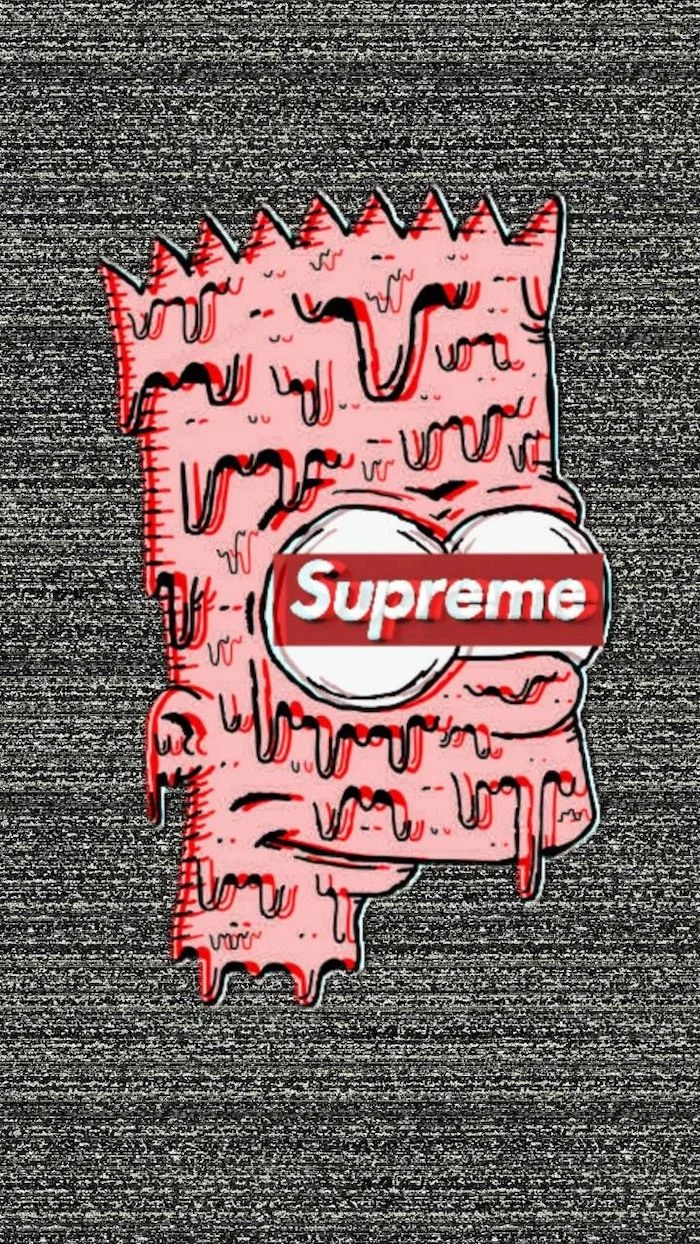 cartoon bart simpson drawn as if he is melting supreme wallpaper for iphone red and white supreme logo on his eyes black and white background