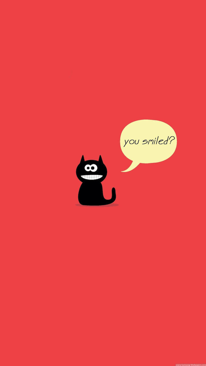 cartoon drawing of black cat on pink red background cute funny wallpapers you smiled written inside speech bubble