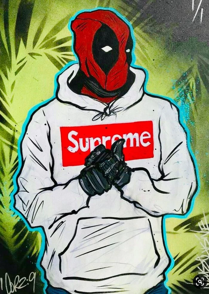 cartoon drawing of deadpool wearing white supreme hoodie cartoon supreme wallpaper green background with palm leaves