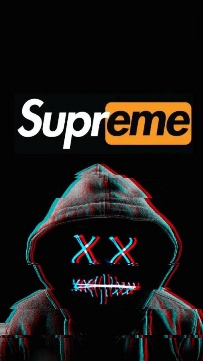 cartoon drawing of someone wearing a hoodie with neon x for letters cool supreme backgrounds supreme logo in white black yellow on black background