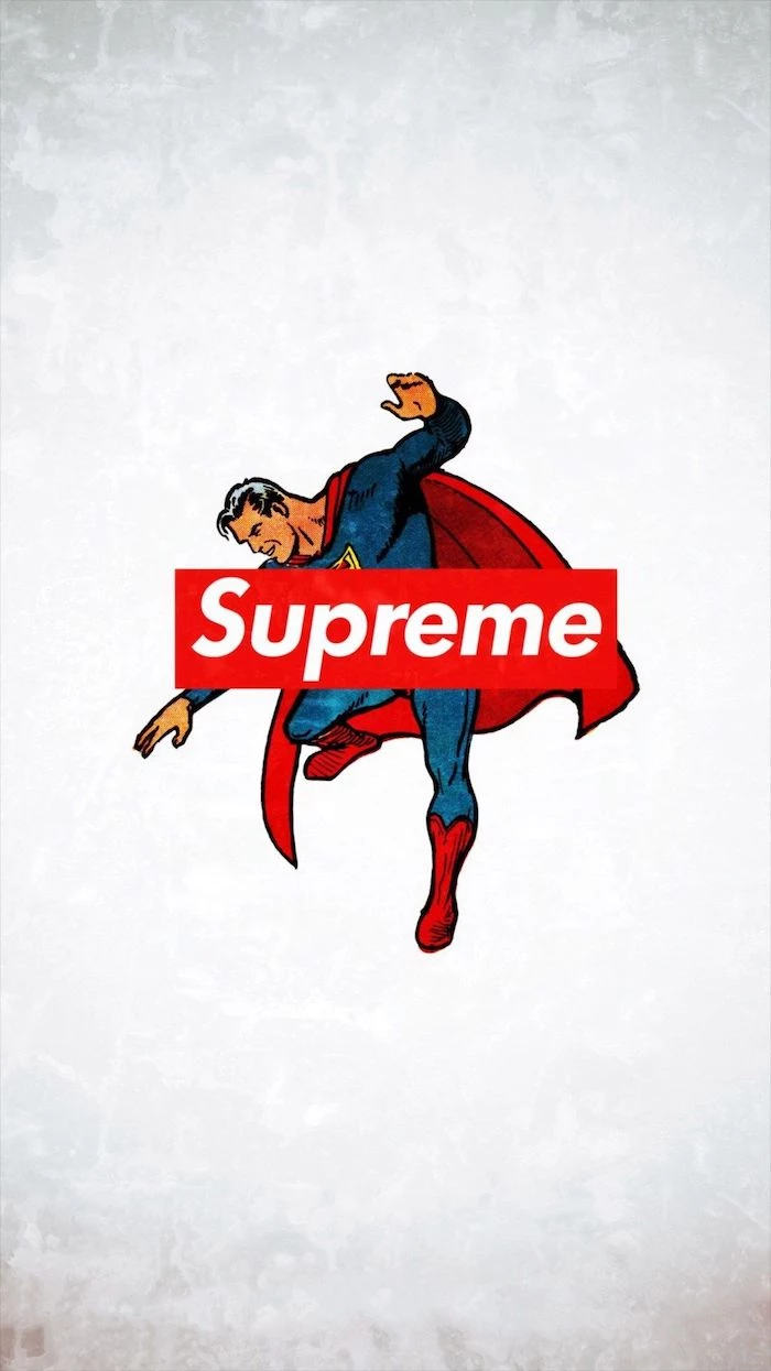 cartoon drawing of supreman flying on white background supreme logo in red and white at the center supreme wallpaper girl