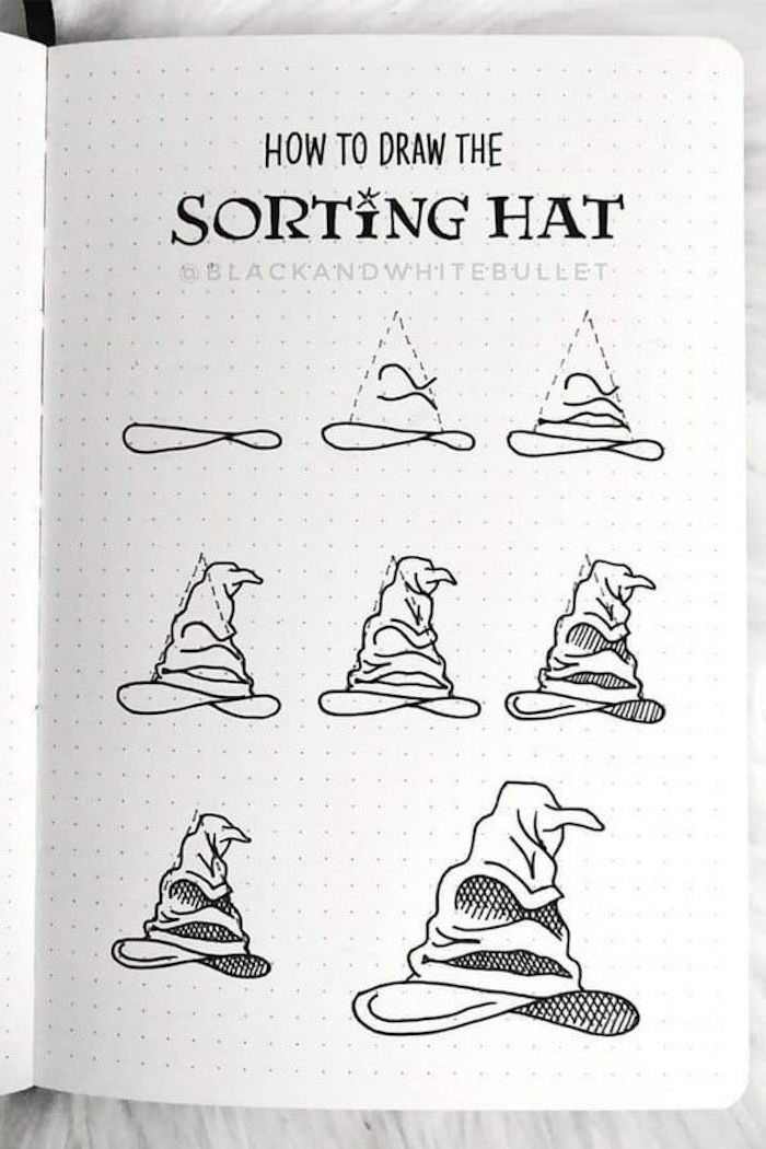 how to draw the sorting hat, step by step diy tutorial, how to draw harry potter, eight steps tutorial