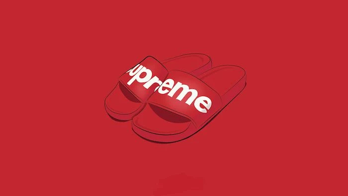 cartoon supreme flip flops with white logo supreme background red background