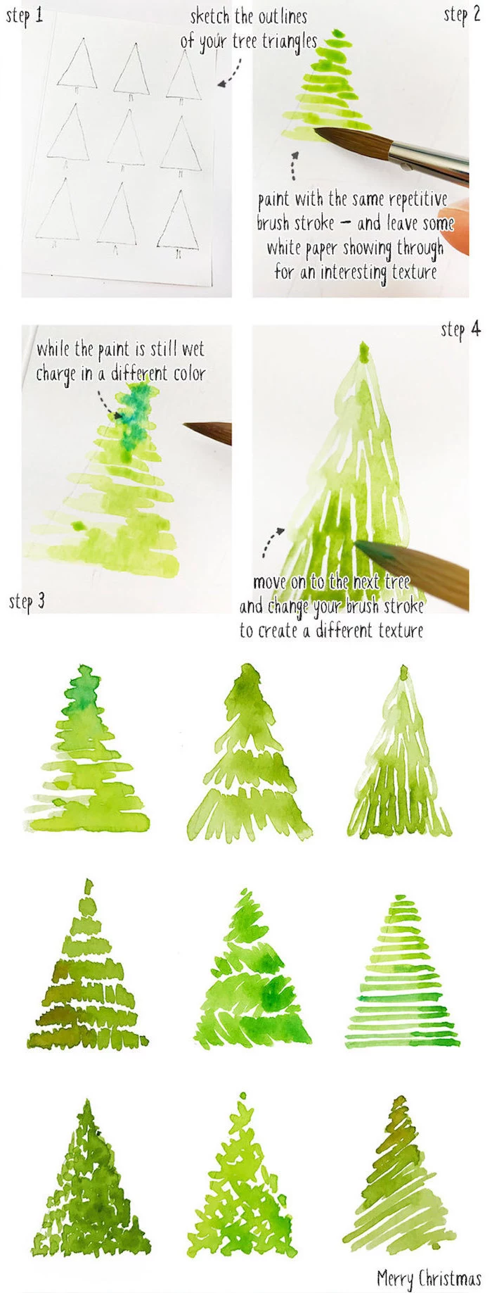 step by step diy tutorial, how to draw a christmas tree, different trees, drawn with watercolor, watercolor ideas