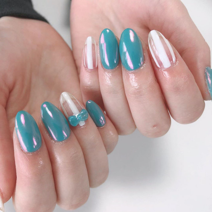 blue chrome nail polish, summer acrylic nails, white lines decorations, small bows decorations, almond nails