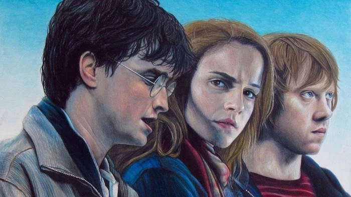 harry potter, hermione granger, ron weasley, colored drawing, harry potter cartoon images, realistic drawing