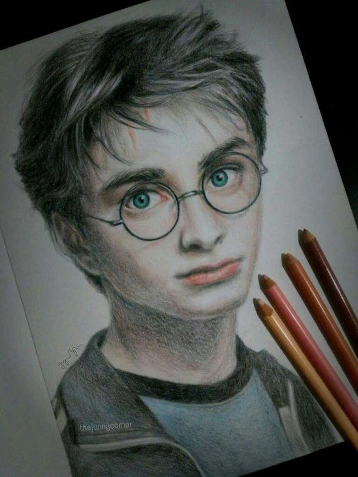 colored pencil drawing, harry potter drawings easy, step by step diy tutorial, white sketchbook