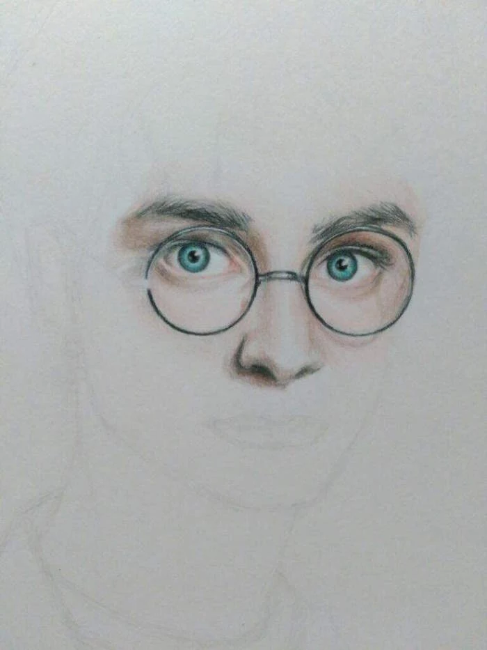 black and white pencil outline, blue eyes with glasses, harry potter drawings easy, step by step diy tutorial