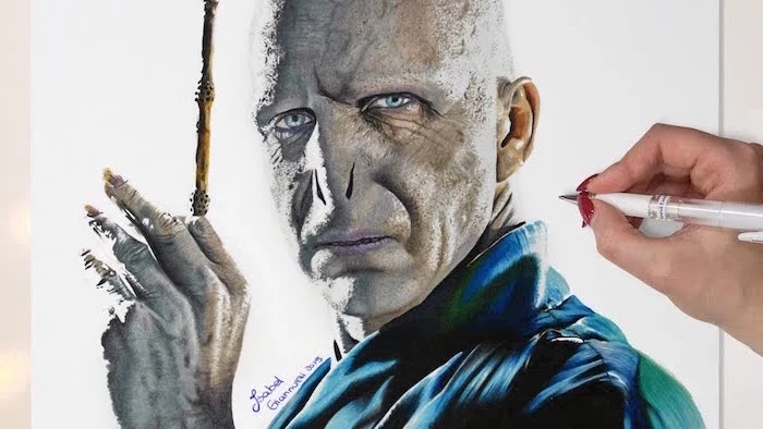 realistic drawing, colored drawing of voldemort, holding the elder wand, harry potter cartoon images
