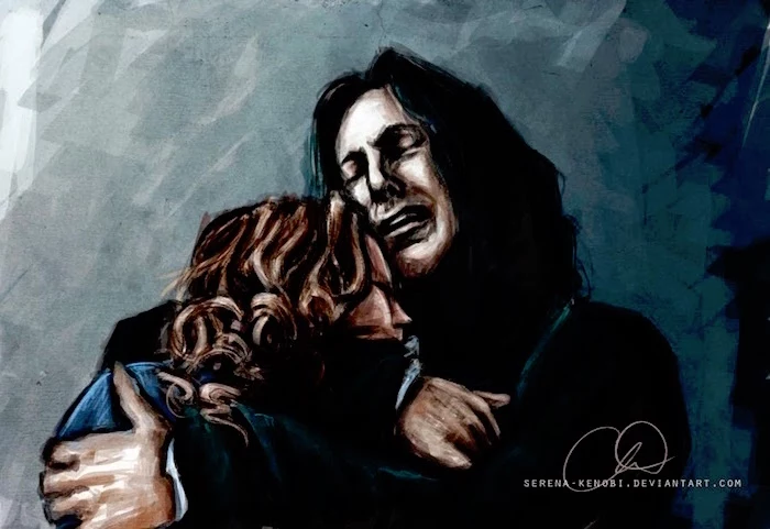 snape holding lily potter, harry potter cartoon images, colored drawing, acrylic painting