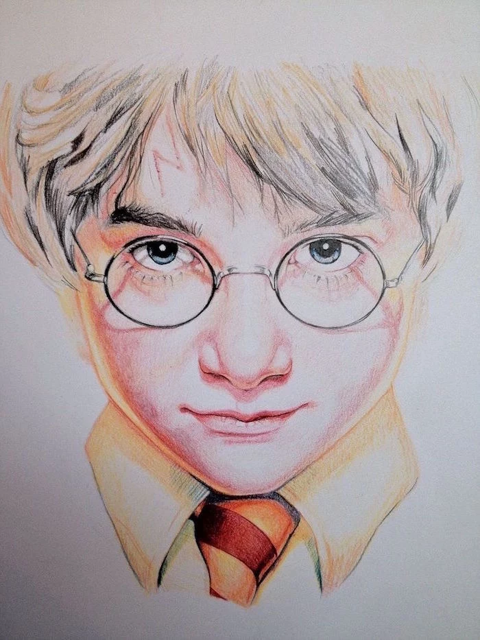 colored pencil drawing, harry potter cartoon images, close up of harry, wearing gryffindor tie