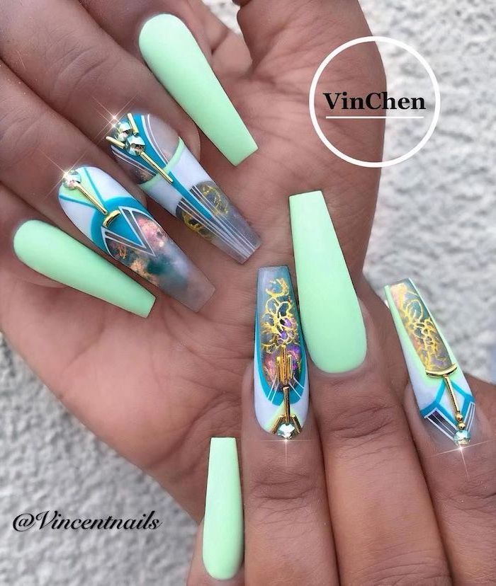 long coffin nails, turquoise nail polish, summer acrylic nails, abstract decorations