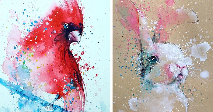 side by side paintings, watercolor landscape painting, paintings of parrot and rabbit, abstract art