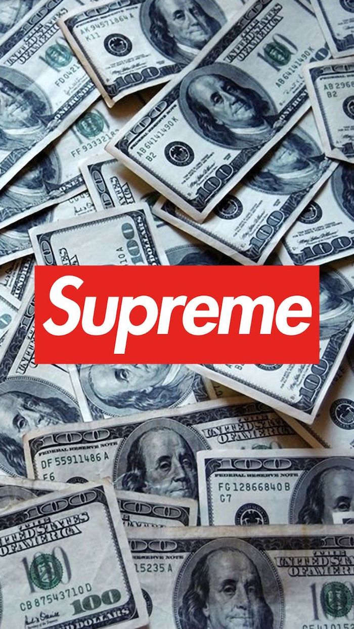 cool supreme backgrounds a bunch of hundred dollar bills in the background red and white supreme logo at the center