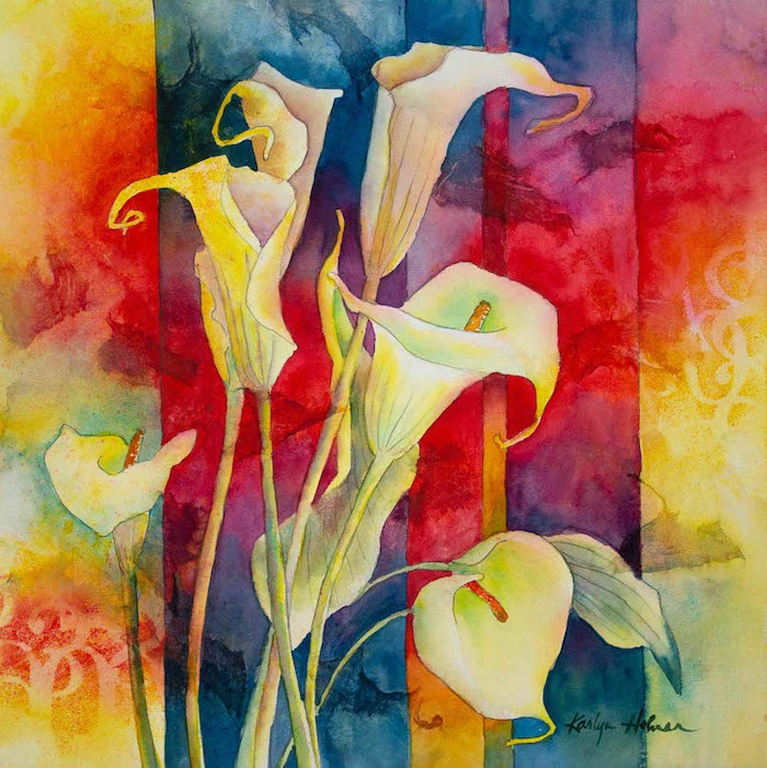 creamy white flowers, abstract background, painted in different watercolors, easy paintings for beginners