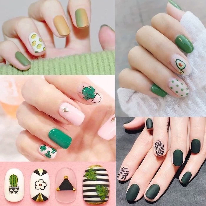 photo collage, cute nail colors, nail polish in different shades of green, decorations with avocados and cactuses