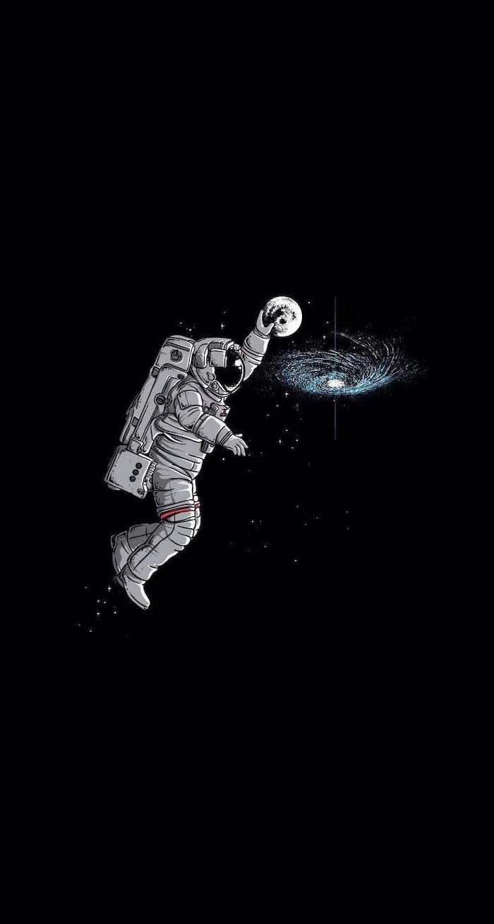 cute funny wallpapers drawing of astronaut dunking the moon into the milky way galaxy