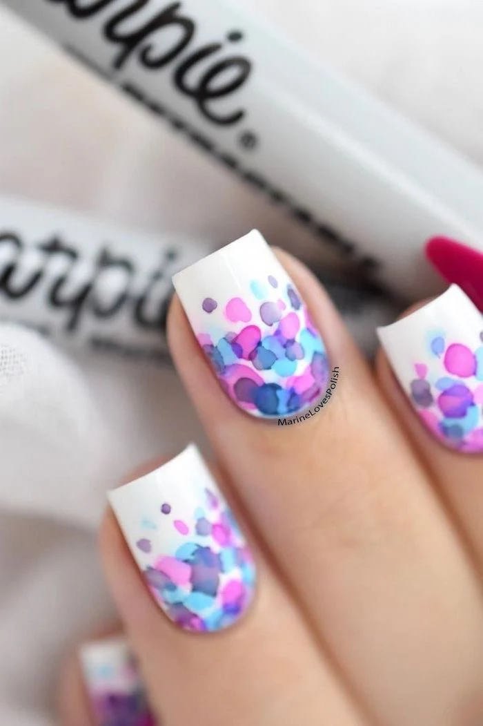 medium length square nails, white nail polish, cute nail colors, watercolor dots decorations