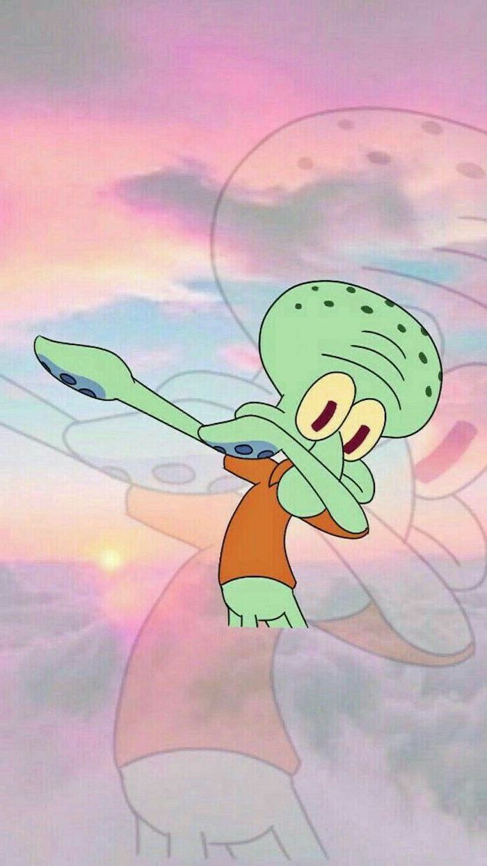 cute pictures for wallpaper drawing of squidward dabbing sunset sky in the background