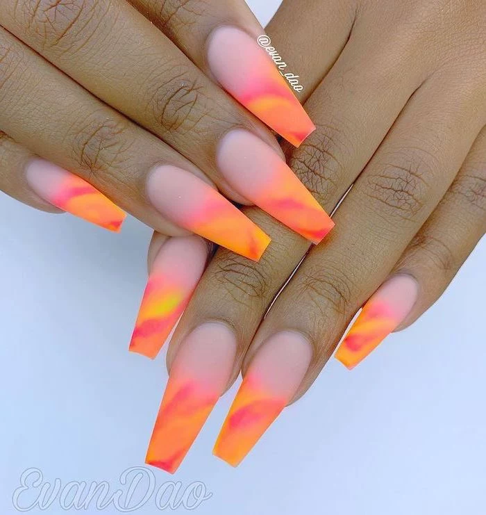 ombre nails, cute nail colors, nude and orange nail polish, long coffin nails, white background