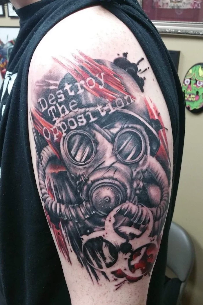 destroy the oposition trash polka skull man wearing gas mask radiation symbol shoulder tattoo