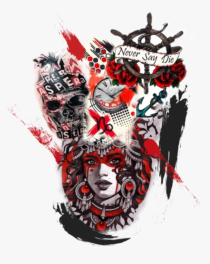 different designs for tattoos drawn in red and black trash polka tattoo style skull woman compass anchor