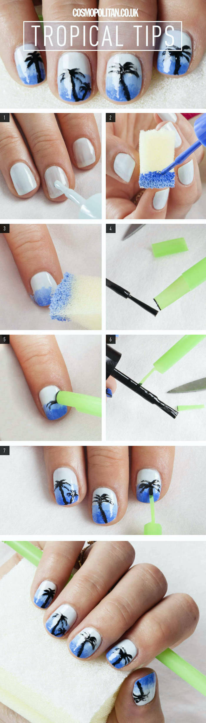 step by step diy tutorial, tropical tips, short squoval nails, blue and white nail polish, ombre nails, cute nail designs, palm trees decorations