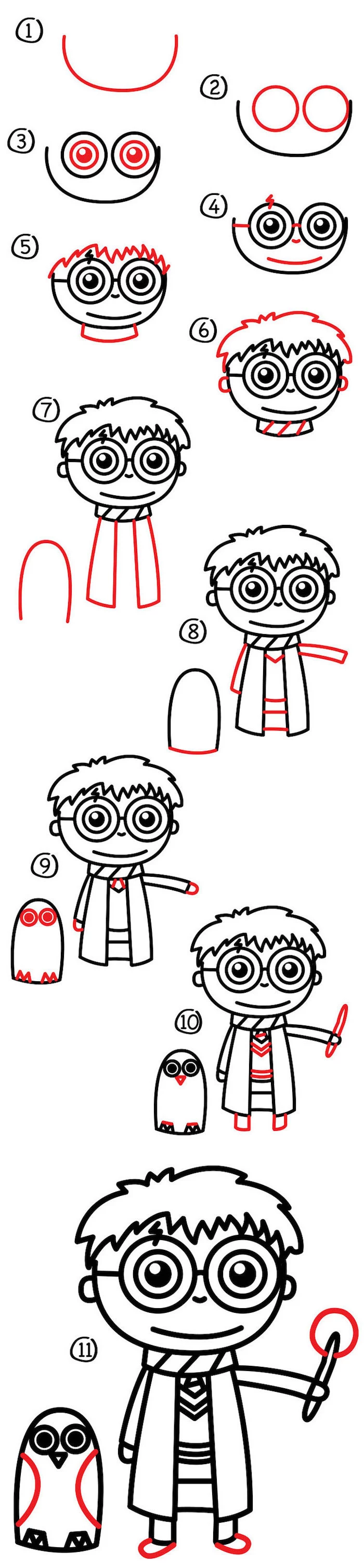 step by step diy tutorial, harry potter doodles, harry holding a wand, hedwig standing next to him, eleven step tutorial