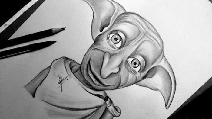 Premium AI Image  A watercolor painting of a dobby is sitting on a table  with a pencil and a drawing of a harry potter figure