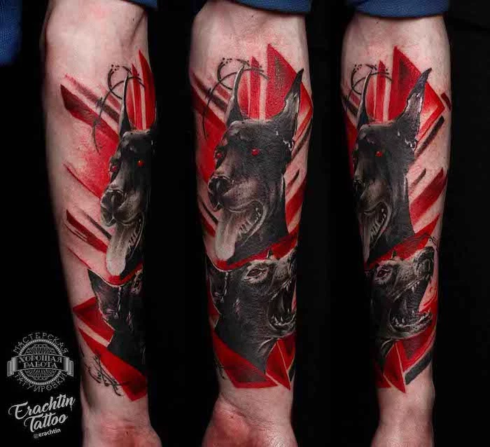 doberman with red eyes forearm tatoo surrounded by red shapes trash polka style side by side photos