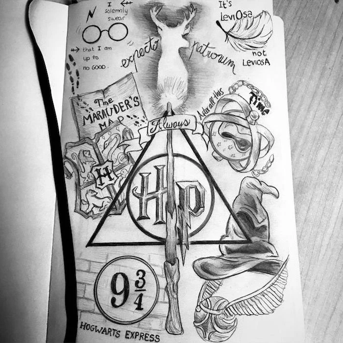 black and white pencil drawings, harry potter doodles, deathly hallows symbols, expecto patronum, marauder's map