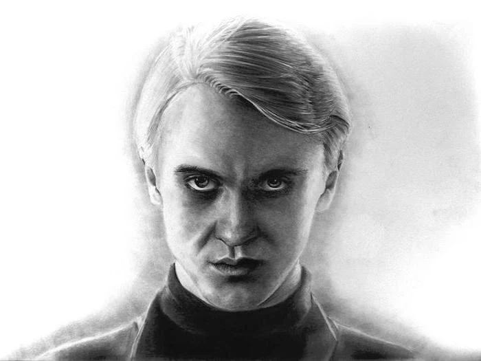 portrait drawing, drawing of draco malfoy, hermione granger drawing, black and white pencil drawing