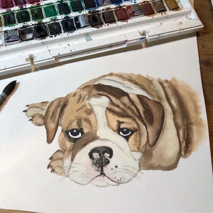 painting of dog, brown and white watercolor, painted on white background, watercolor landscape painting