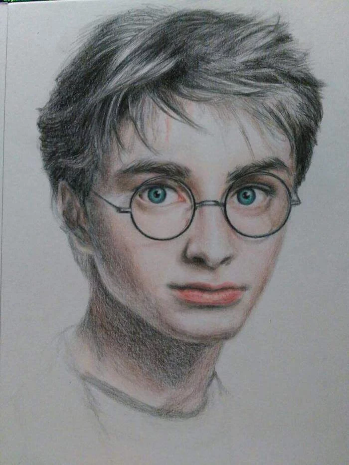 how to draw harry potter, step by step diy tutorial, colored drawing, white background
